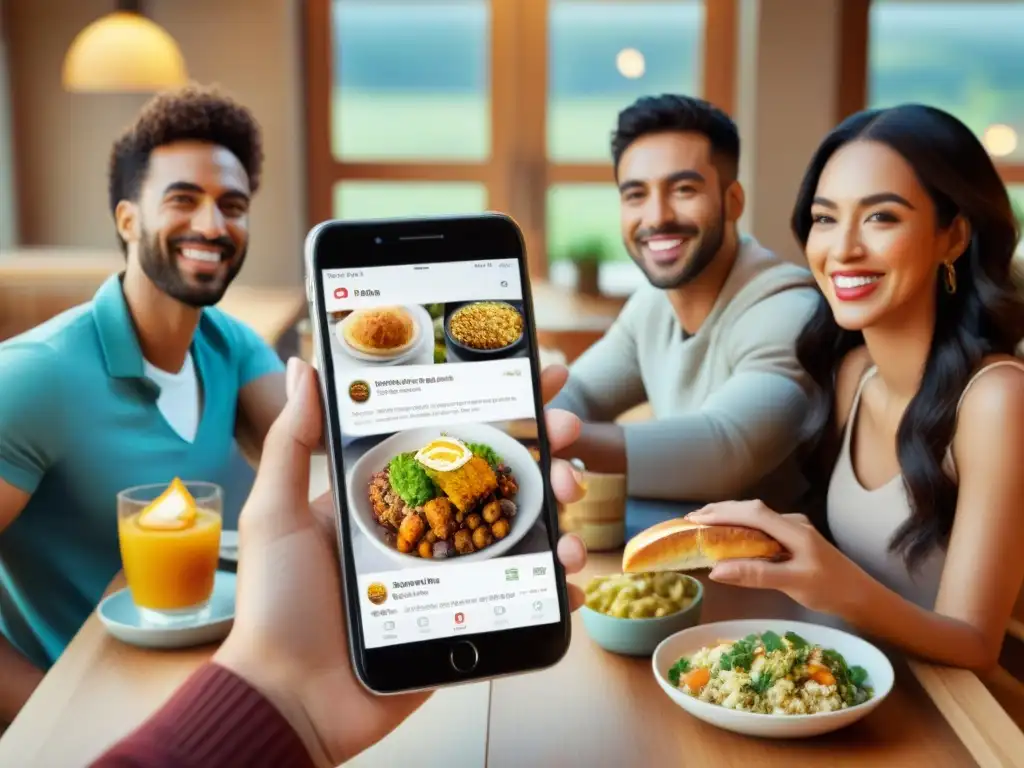 Un grupo diverso sonríe y disfruta de una comida en un café acogedor, usando apps móviles para celíacos