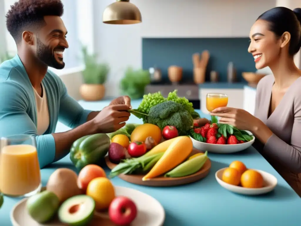 Un grupo diverso disfruta de una comida colorida y nutritiva en una cocina cálida y acogedora