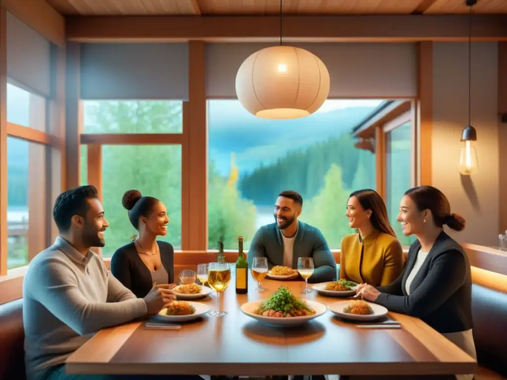 Un grupo diverso disfruta de una comida sin gluten en un restaurante acogedor en Canadá, mostrando la inclusividad y diversidad culinaria en el país