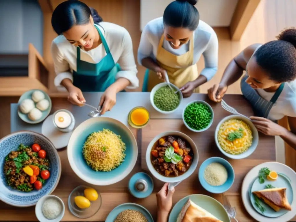 Grupo diverso disfruta cocinando y compartiendo comida sin gluten en mesa colorida