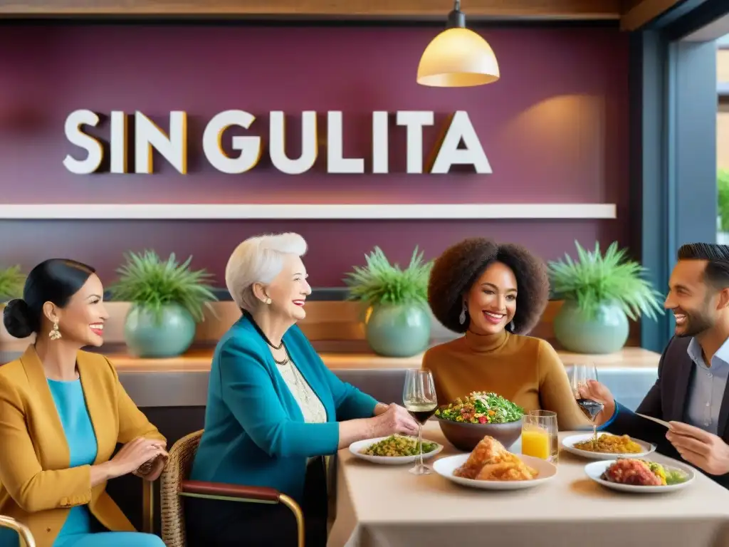 Grupo diverso disfrutando una comida sin gluten en restaurante inclusivo