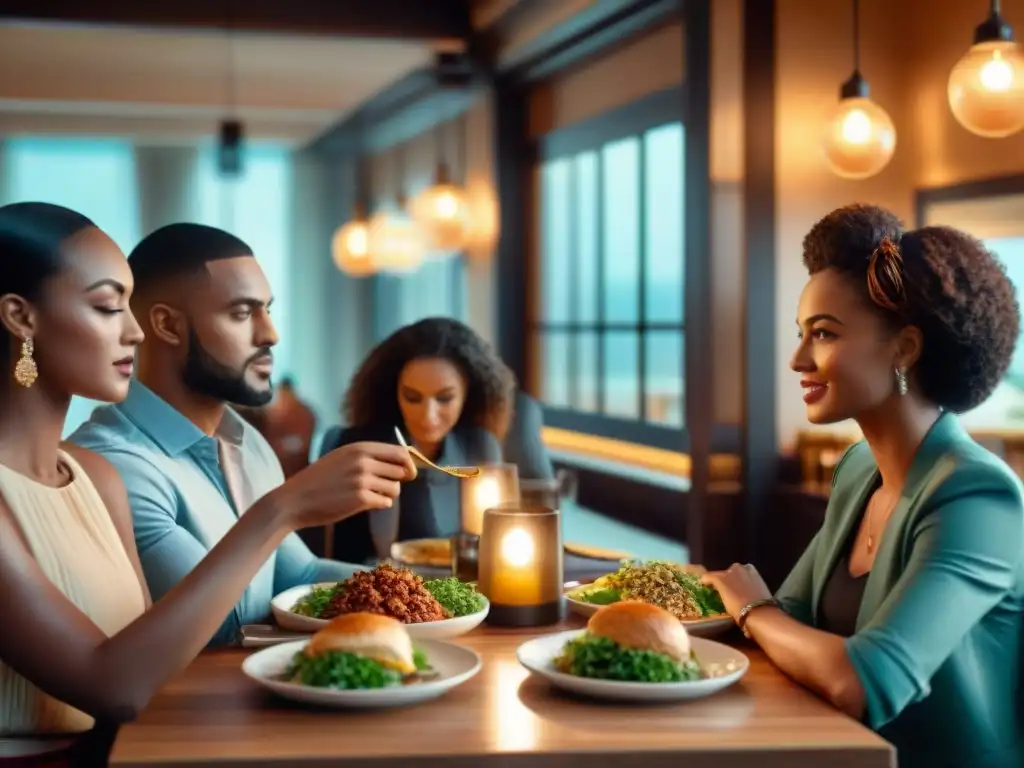 Grupo diverso disfruta su comida sin gluten en restaurante, con ambiente acogedor