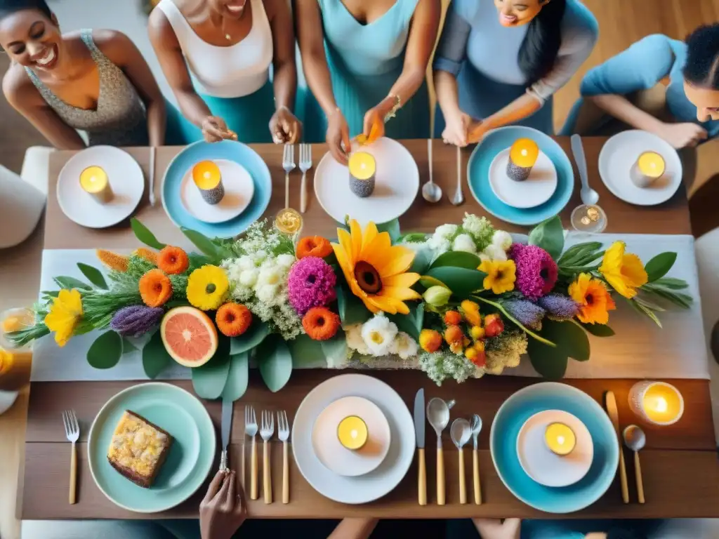 Grupo diverso disfruta de una comida sin gluten en mesa elegante