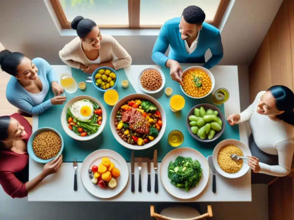 Un grupo diverso comparte alegremente una comida sin gluten en un ambiente cálido y acogedor