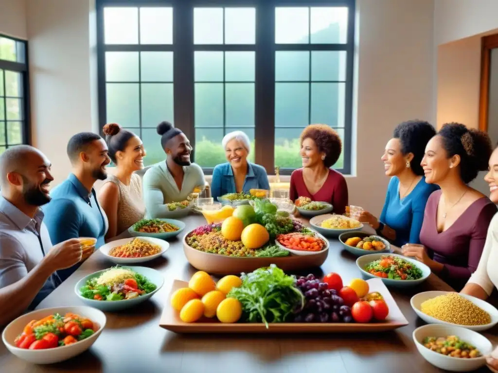 Un grupo diverso disfruta de una comida sin gluten, transmitiendo alegría y salud