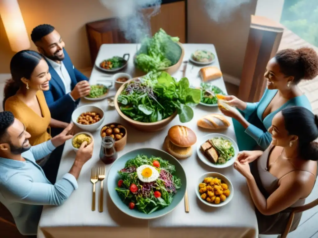 Un grupo diverso comparte una comida sin gluten en un ambiente cálido y acogedor