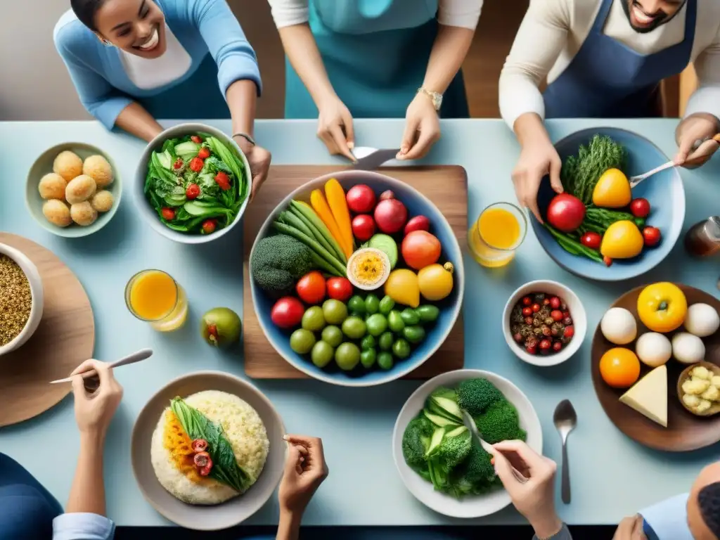 Un grupo diverso disfruta de una comida sin gluten equilibrada y segura en un ambiente cálido y acogedor