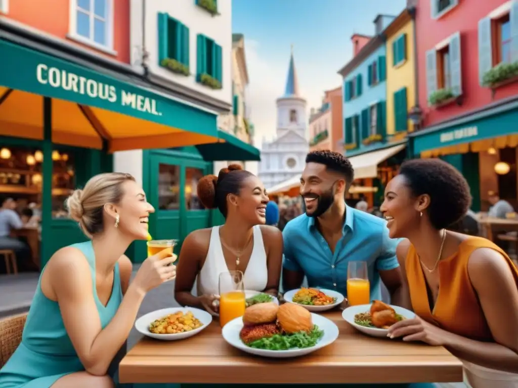 Un grupo diverso disfruta de una comida sin gluten en un animado café al aire libre en la ciudad