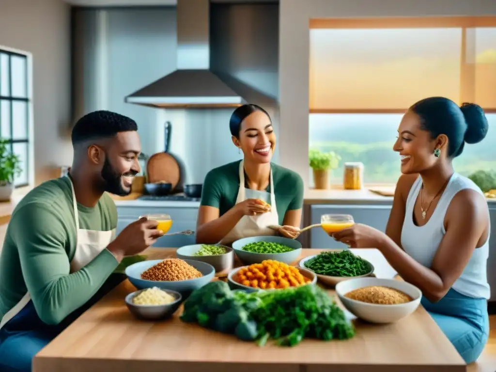 Un grupo diverso prepara y comparte una comida sin gluten en una cocina moderna y equipada