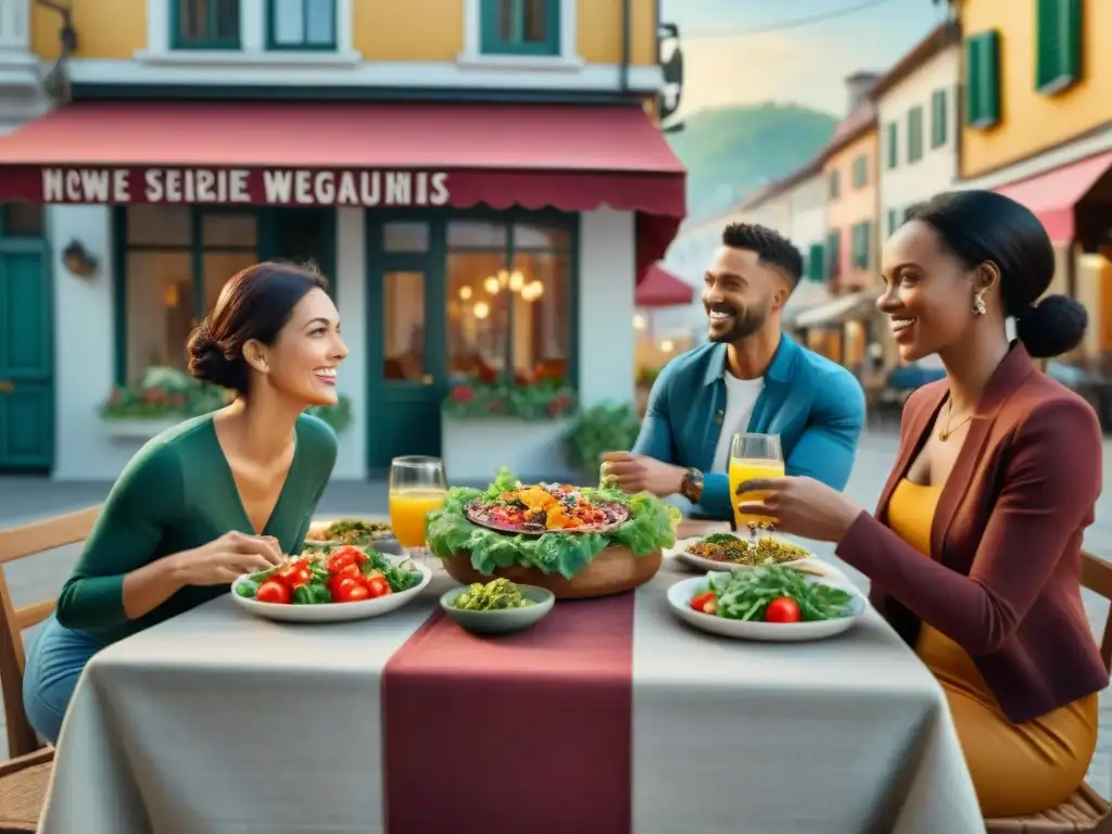 Grupo diverso disfruta de una comida sin gluten al aire libre en la ciudad