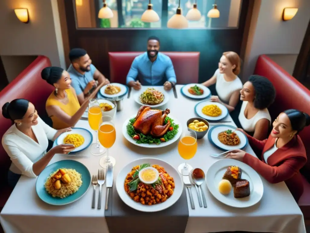 Un grupo diverso disfruta de una comida sin gluten en un restaurante, creando un ambiente de camaradería y disfrute culinario