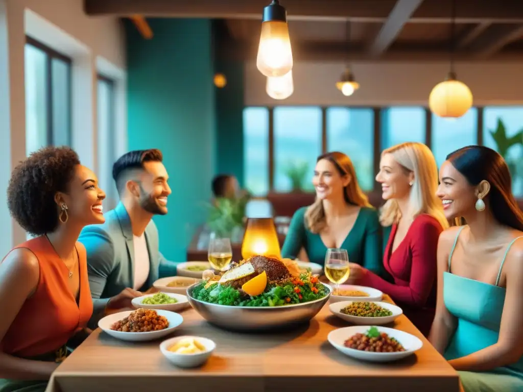 Grupo diverso disfruta de comida sin gluten en restaurante vibrante, celebrando inclusividad y alegría juntos