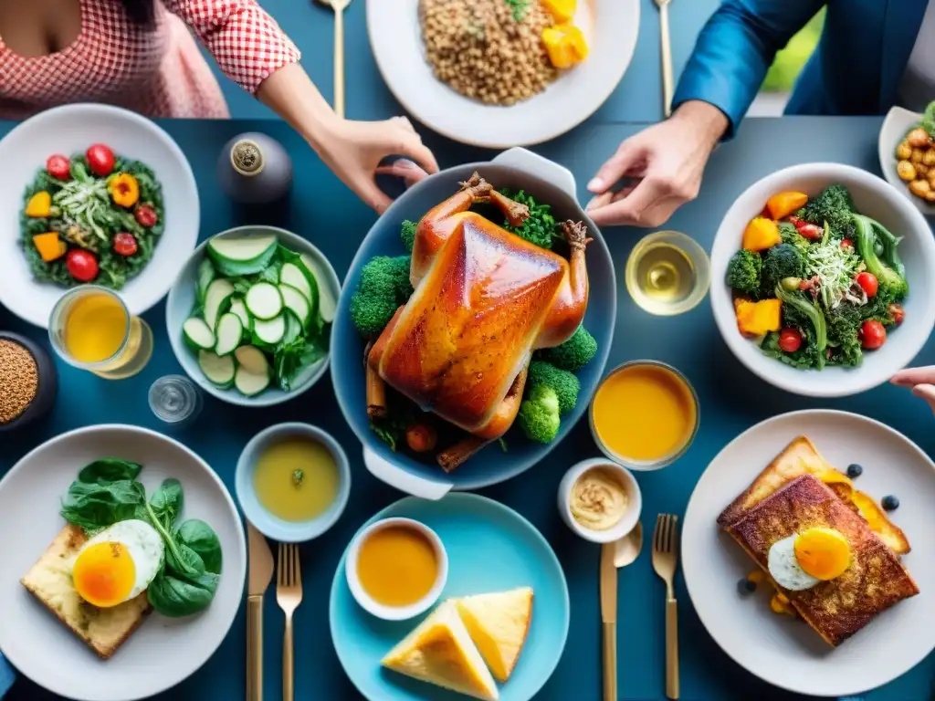 Un grupo diverso disfruta de una comida sin gluten con coloridos platos, destacando la importancia de las enzimas digestivas para dieta sin gluten