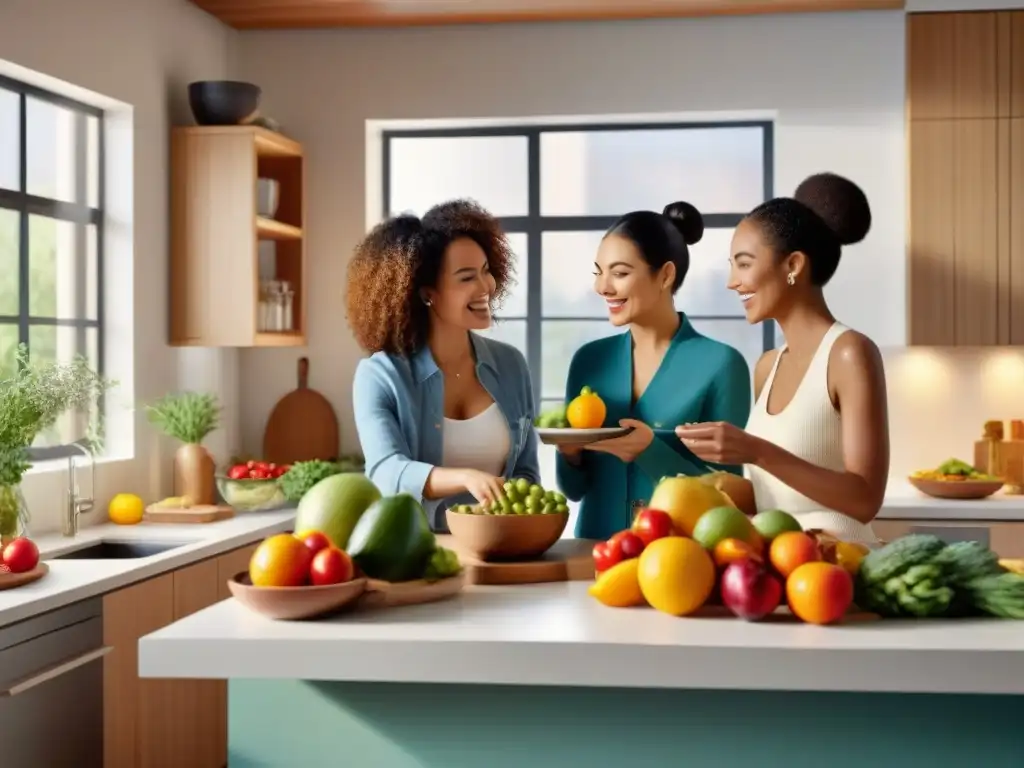 Un grupo diverso comparte una comida sin gluten en una cocina luminosa, transmitiendo alegría y calidez