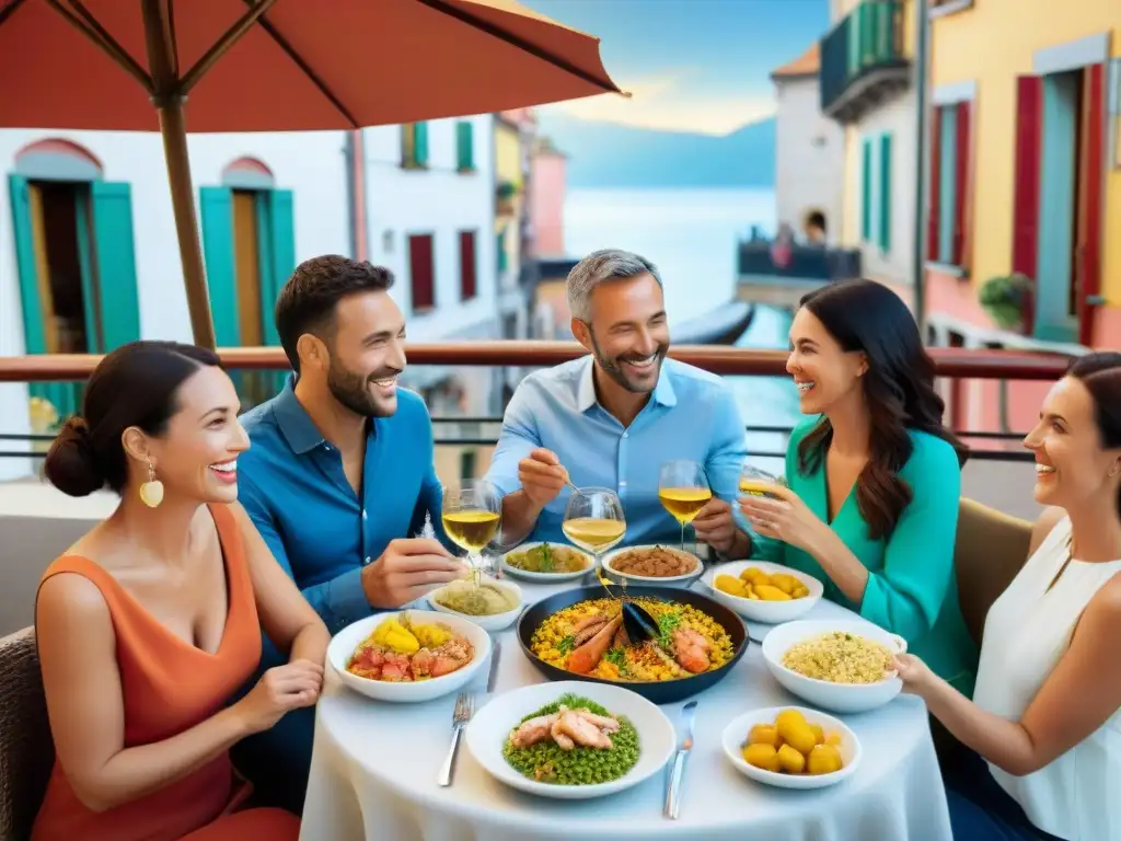 Un grupo diverso disfruta de una comida sin gluten en uno de los mejores restaurantes de Gijón, con vista a la costa y ambiente acogedor