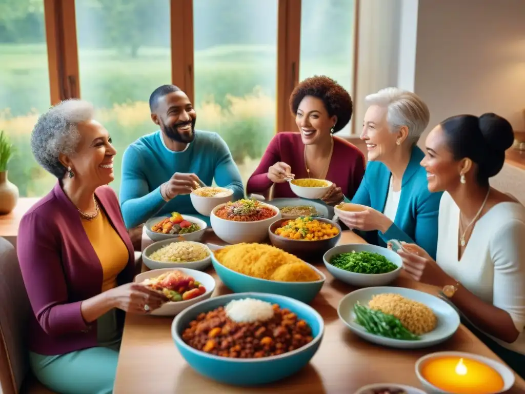 Un grupo diverso disfruta de una comida sin gluten en un ambiente acogedor, destacando la importancia de la comunidad en el manejo del estrés