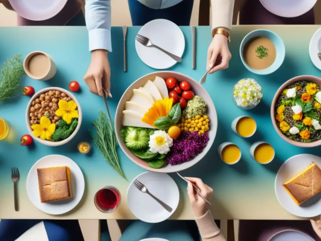 Un grupo diverso disfruta de una comida sin gluten en una mesa elegante, promoviendo la dieta sin gluten para intestino irritable