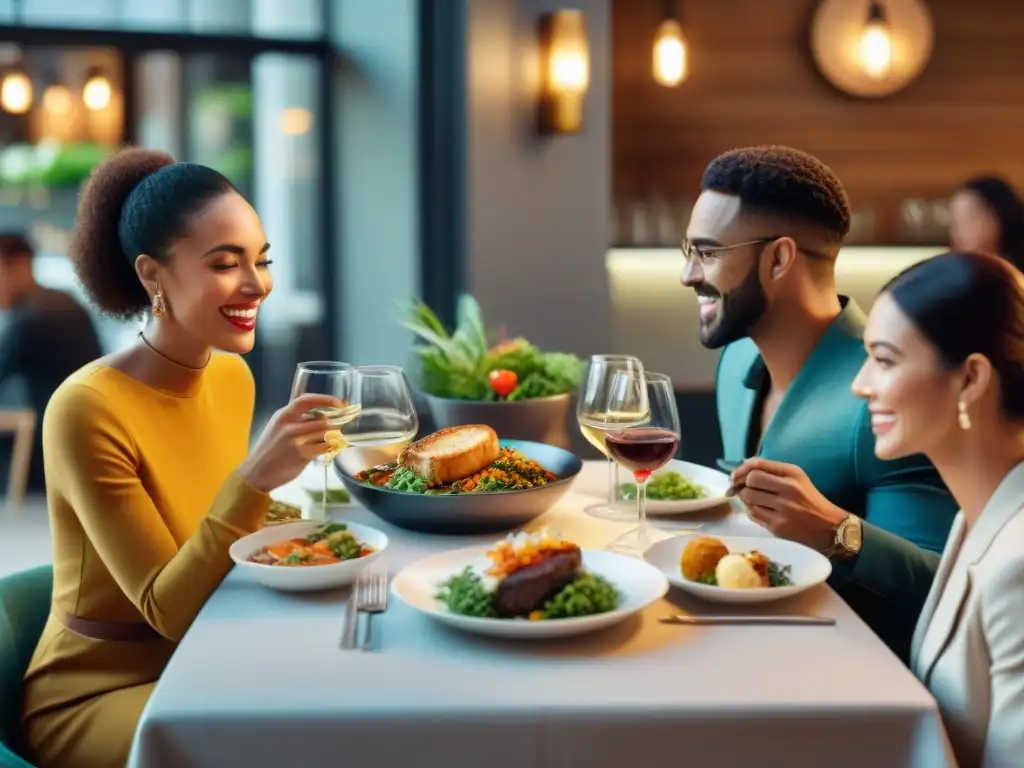 Un grupo diverso disfruta de una comida sin gluten en un restaurante acogedor y moderno