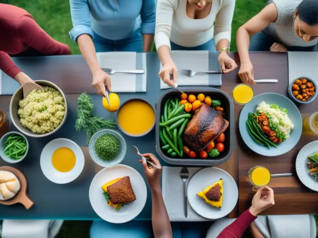 Grupo diverso disfrutando de una comida sin gluten en mesa bellamente decorada