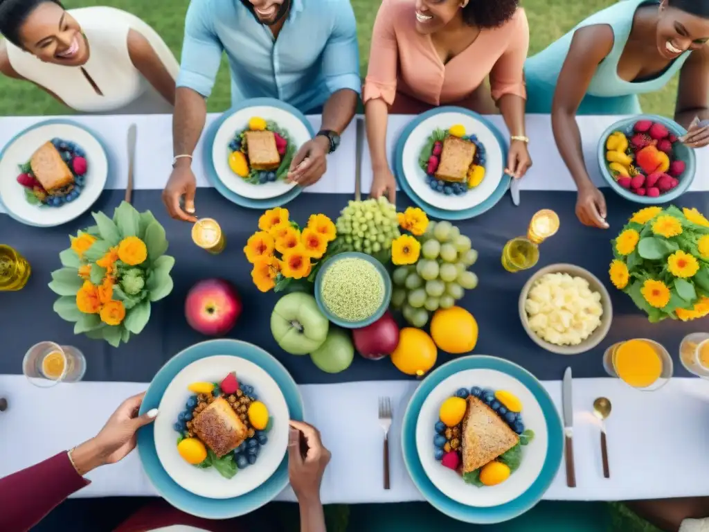 Un grupo diverso disfruta de una comida sin gluten en una mesa elegante, mostrando alegría y comunidad con Apps para planificar menús sin gluten