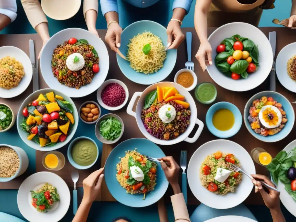 Grupo diverso disfruta de comida sin gluten en mesa colorida, Alimentos sin gluten verdades mitos