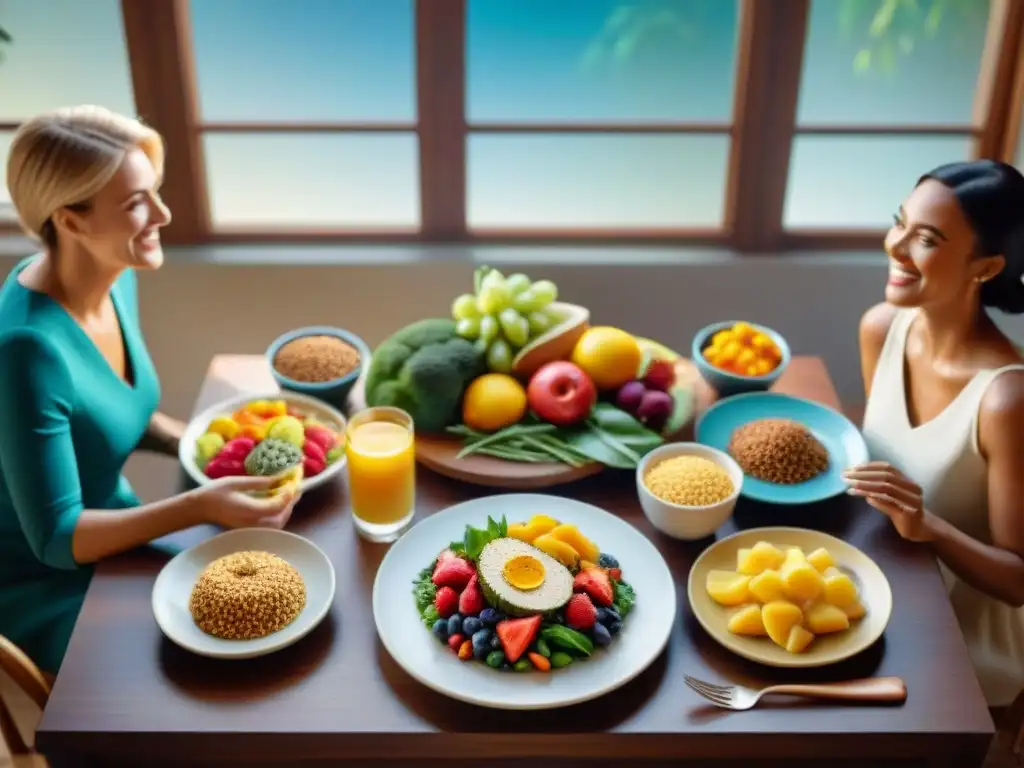 Grupo diverso disfruta de comida sin gluten en mesa vibrante con suplementos para dieta sin gluten