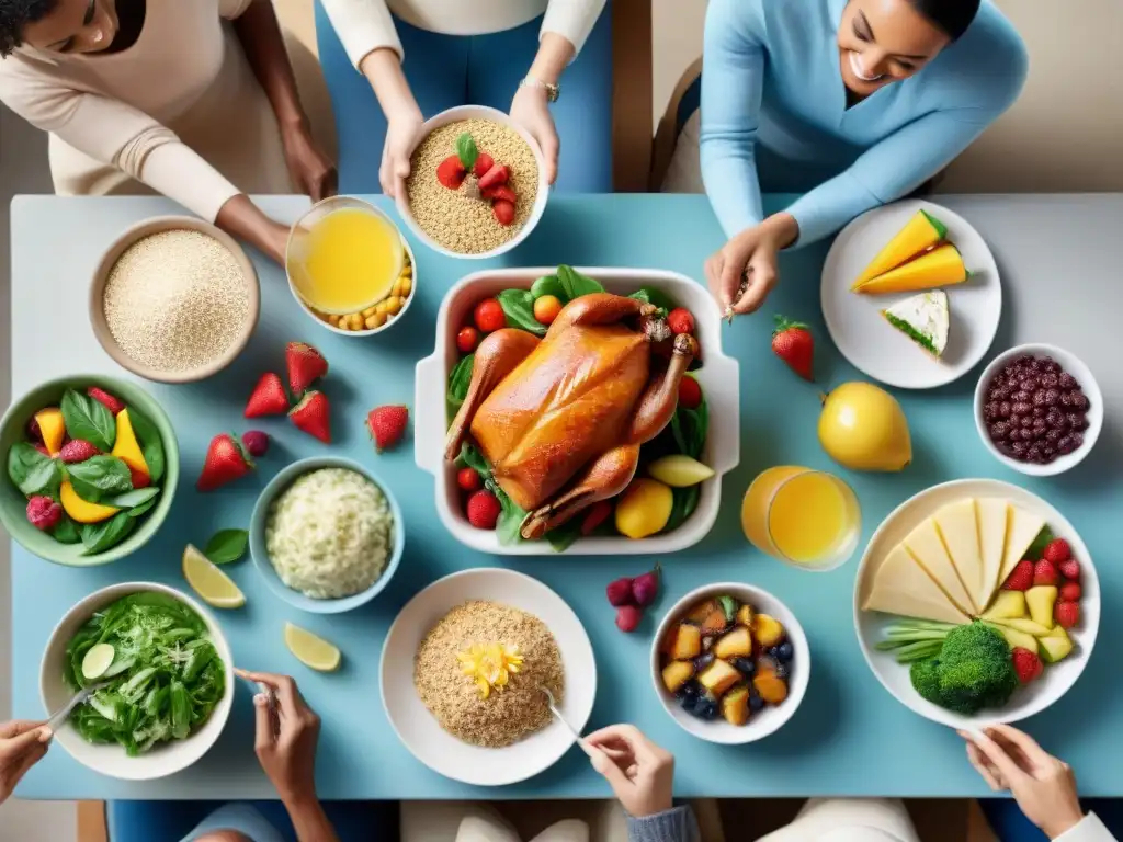 Grupo diverso disfruta de comida sin gluten: frutas, verduras y granos coloridos en mesa decorada