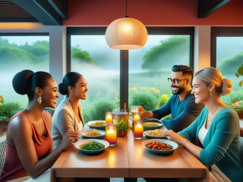 Un grupo diverso disfruta de una comida sin gluten en distintos idiomas en un restaurante acogedor