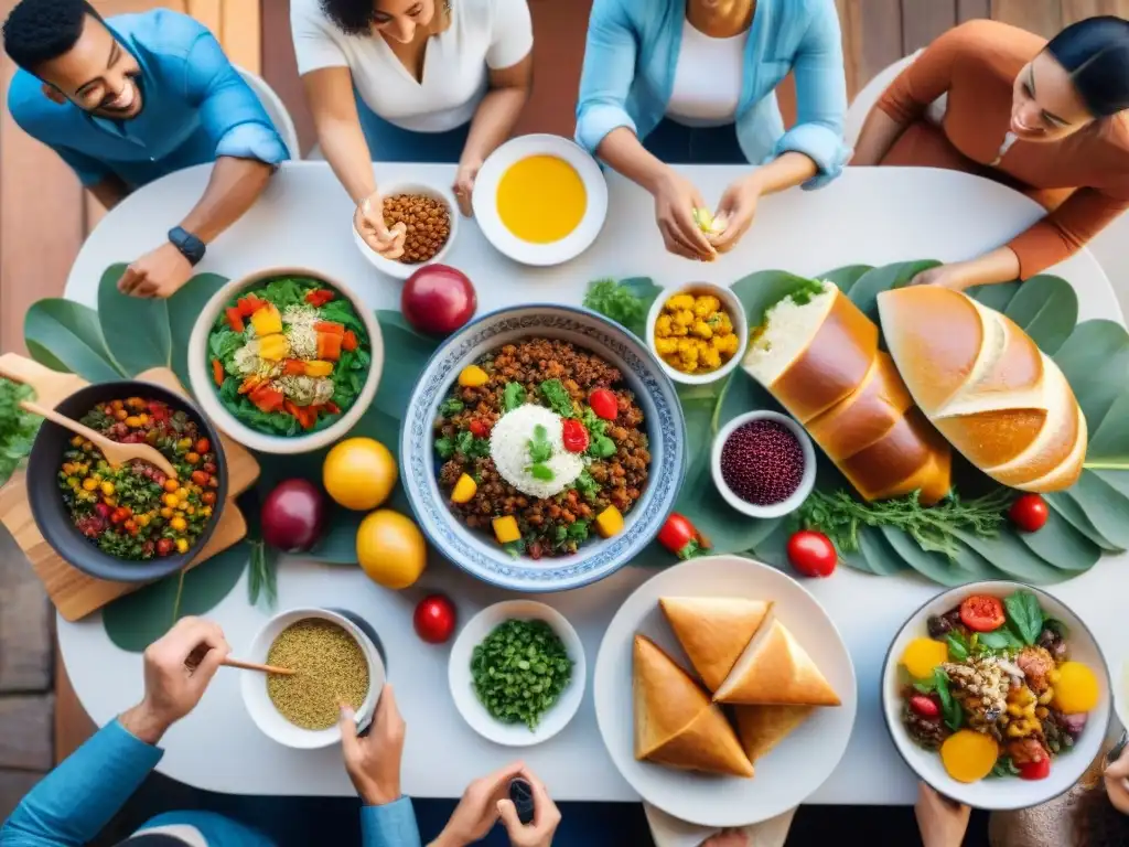 Grupo diverso comparte alegremente comida sin gluten de diversas culturas en una mesa, mostrando unidad y diversidad cultural