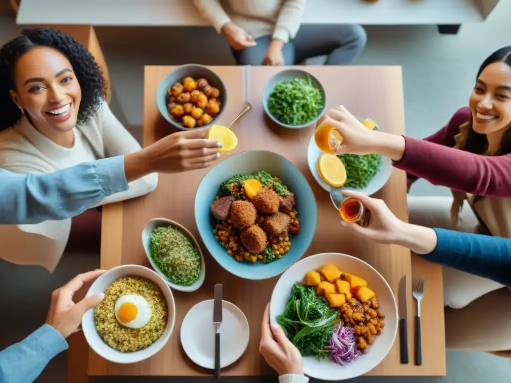 Un grupo diverso disfruta de una comida en una mesa con platillos coloridos y deliciosos, en un ambiente cálido y acogedor