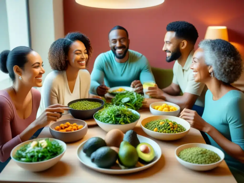 Un grupo diverso comparte comida rica en ácido fólico en un ambiente cálido y acogedor