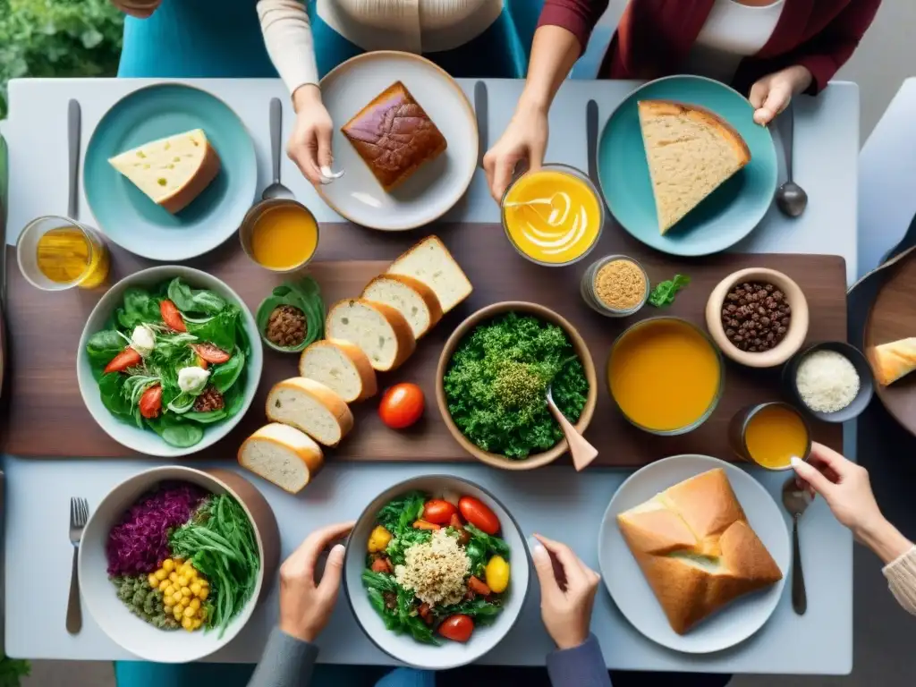 Grupo diverso comparte comida sin gluten, risas y calidez