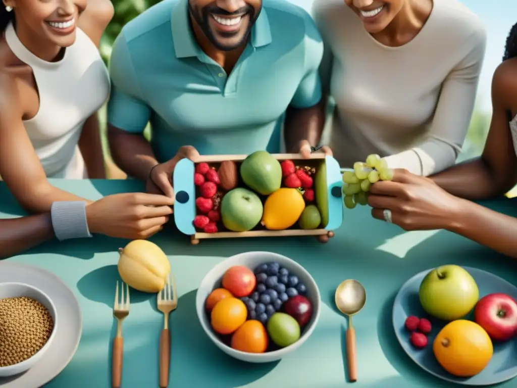 Grupo diverso disfrutando de una comida saludable juntos, con suplementos vitamínicos sin gluten