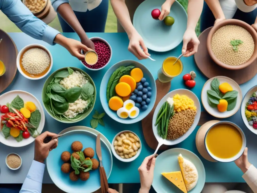 Un grupo diverso disfruta de una comida saludable juntos, destacando la importancia de los suplementos para celíacos en la absorción de nutrientes