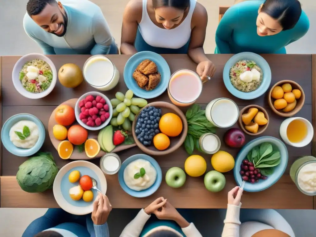 Un grupo diverso disfruta de una comida saludable con alimentos probióticos en una mesa larga de madera