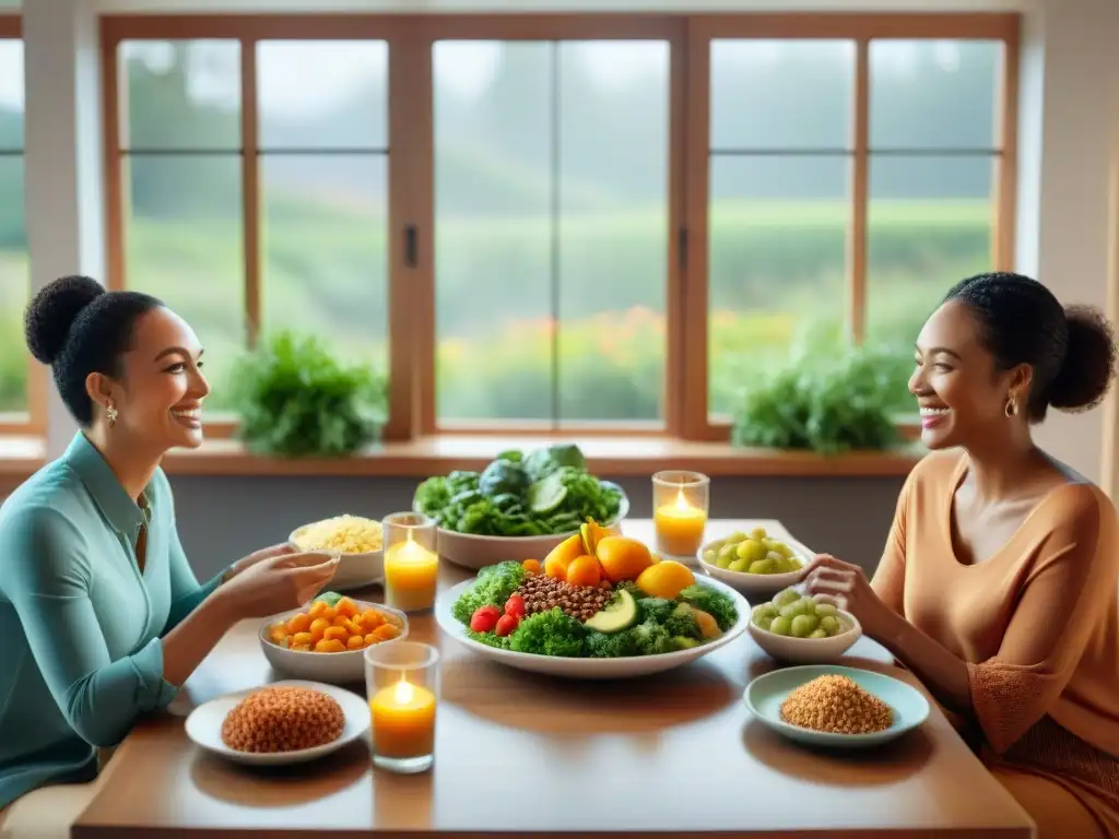 Un grupo diverso disfruta de una comida saludable en una mesa, mostrando la conexión entre dieta FODMAP baja gluten piel