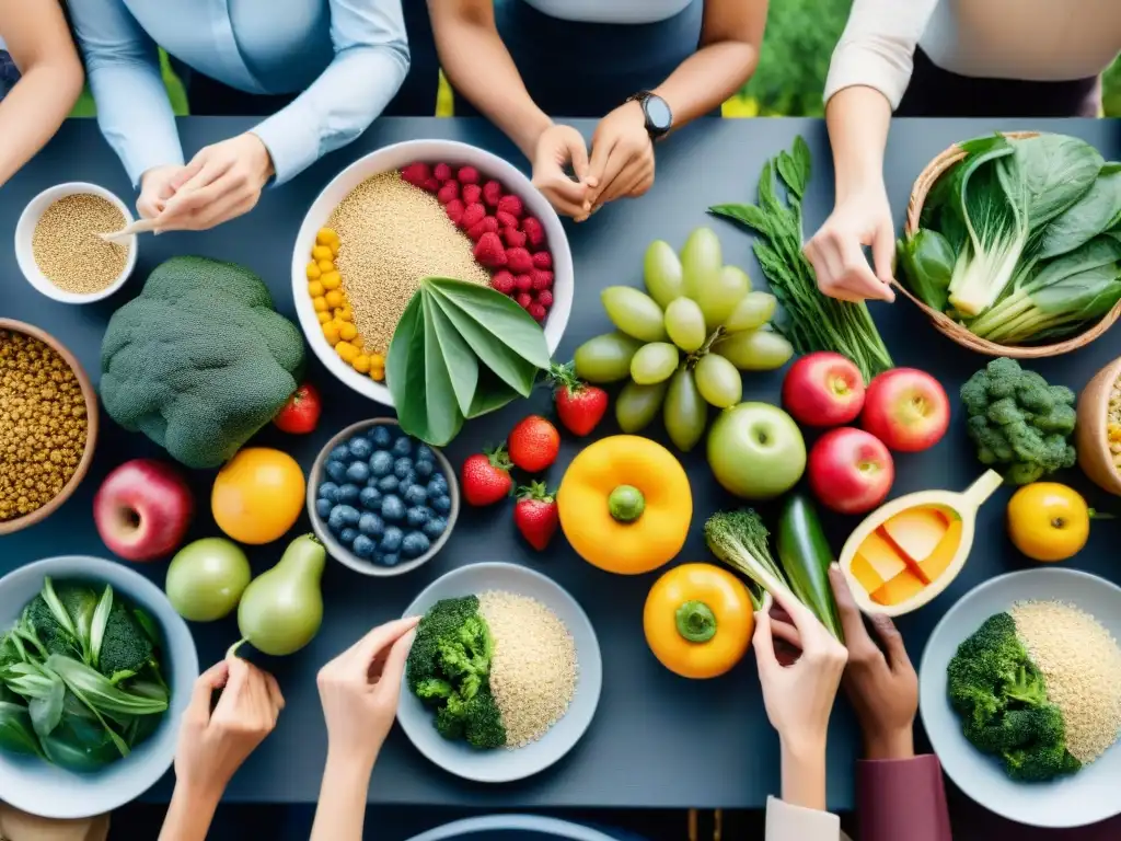 Grupo diverso disfruta de comida saludable en mesa elegante, fomentando la dieta FODMAP baja gluten