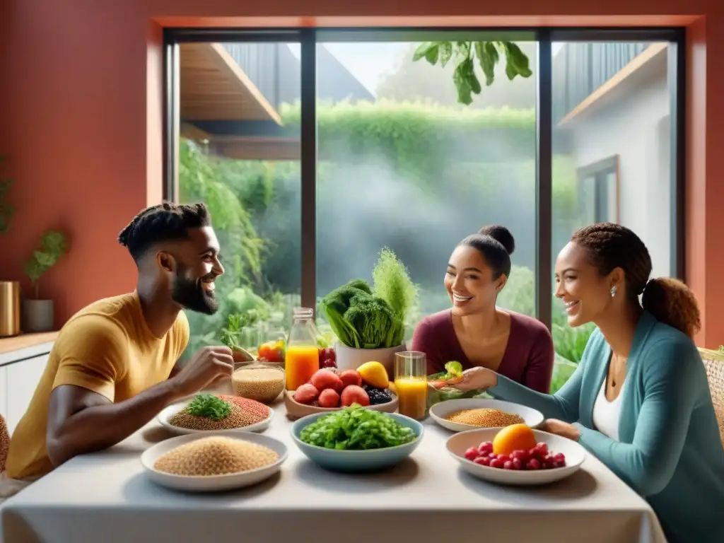 Un grupo diverso sonríe mientras disfrutan de una comida saludable y colorida sin gluten en una cocina acogedora