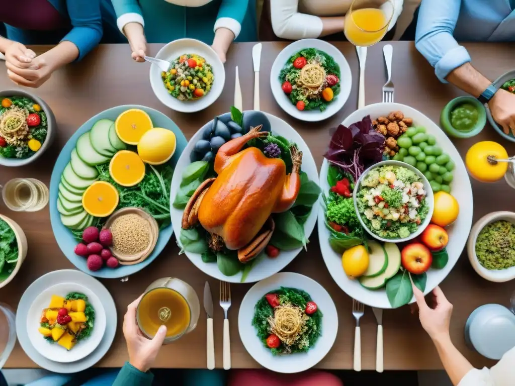 Un grupo diverso disfruta de una comida saludable sin gluten en una mesa colorida