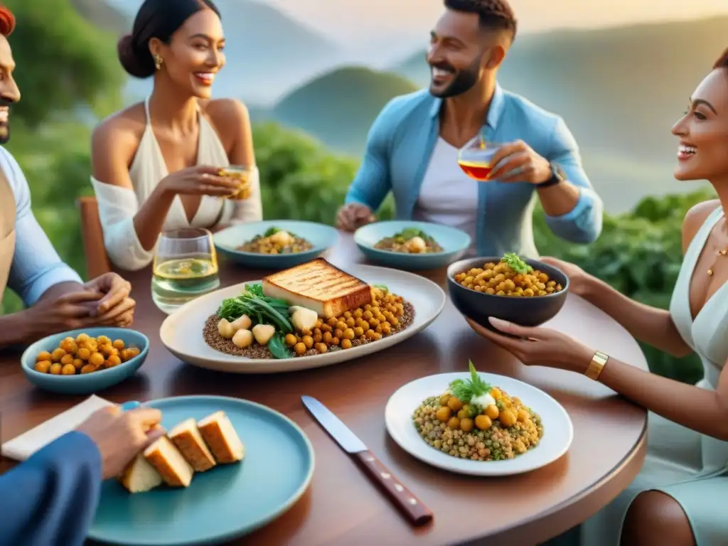 Un grupo diverso disfruta una comida vegana sin gluten con proteínas alternativas, en una mesa al aire libre al atardecer