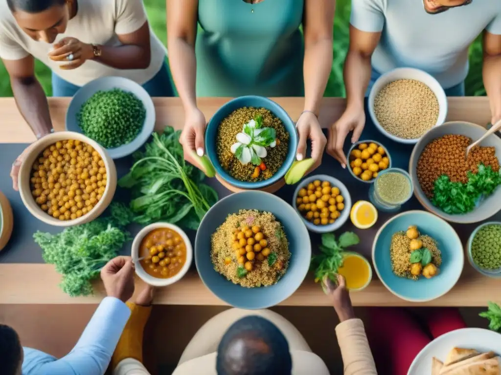 Grupo diverso disfruta de comida vegana colorida con proteínas vegetales sin gluten en ambiente armonioso