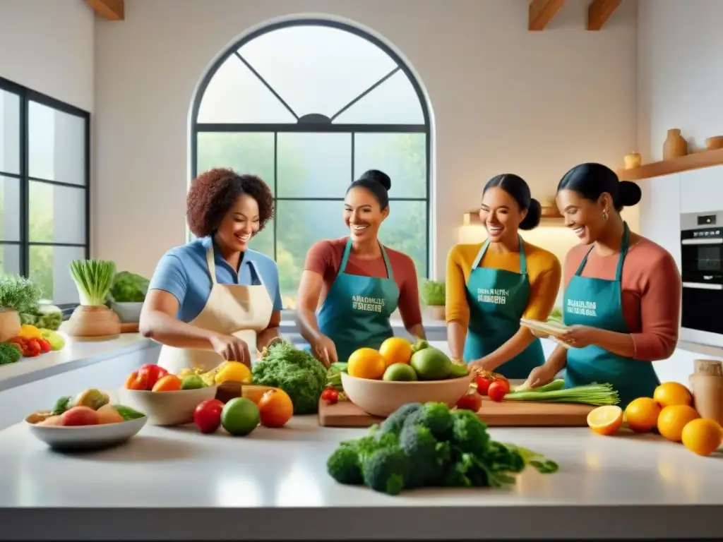 Un grupo diverso prepara comidas sin gluten en una cocina luminosa para eventos de caridad