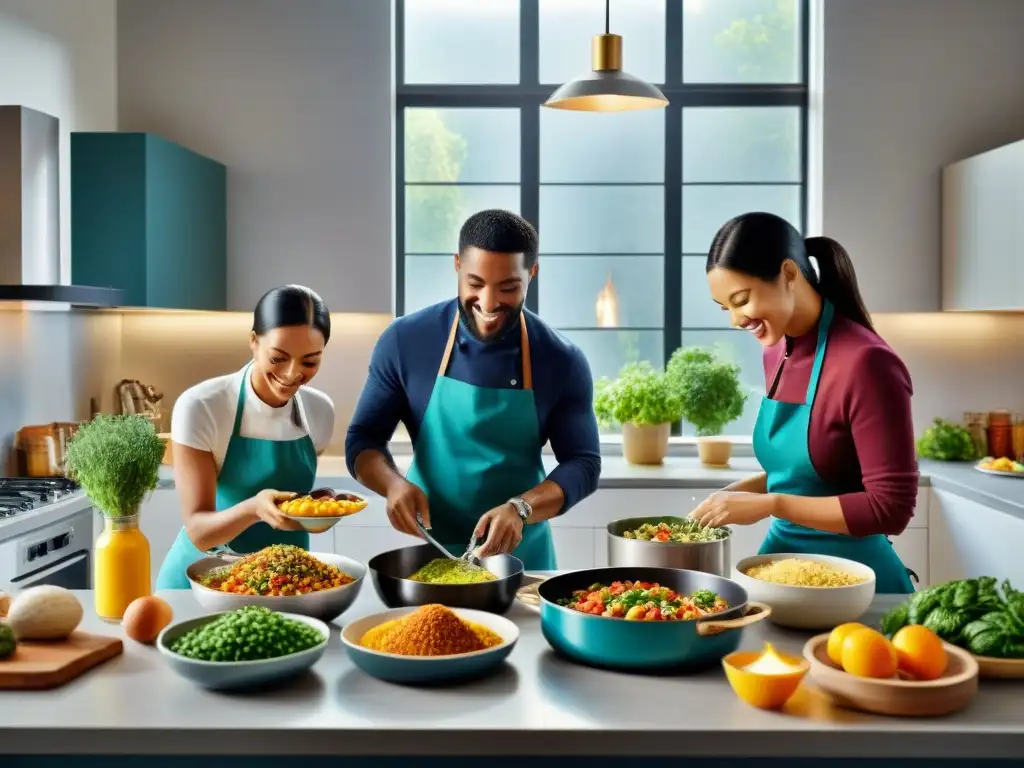 Grupo diverso disfrutando de la planificación de comidas sin gluten en cocina moderna y acogedora