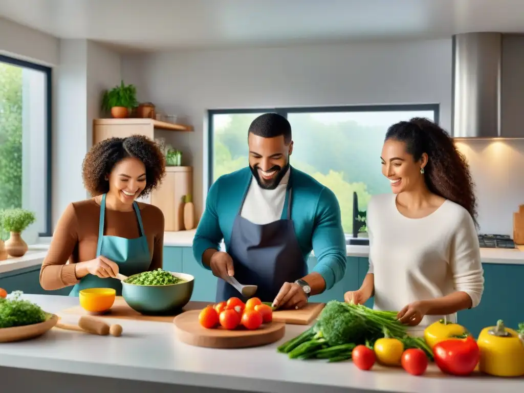 Un grupo diverso sonríe al preparar comidas sin gluten en una cocina moderna y espaciosa