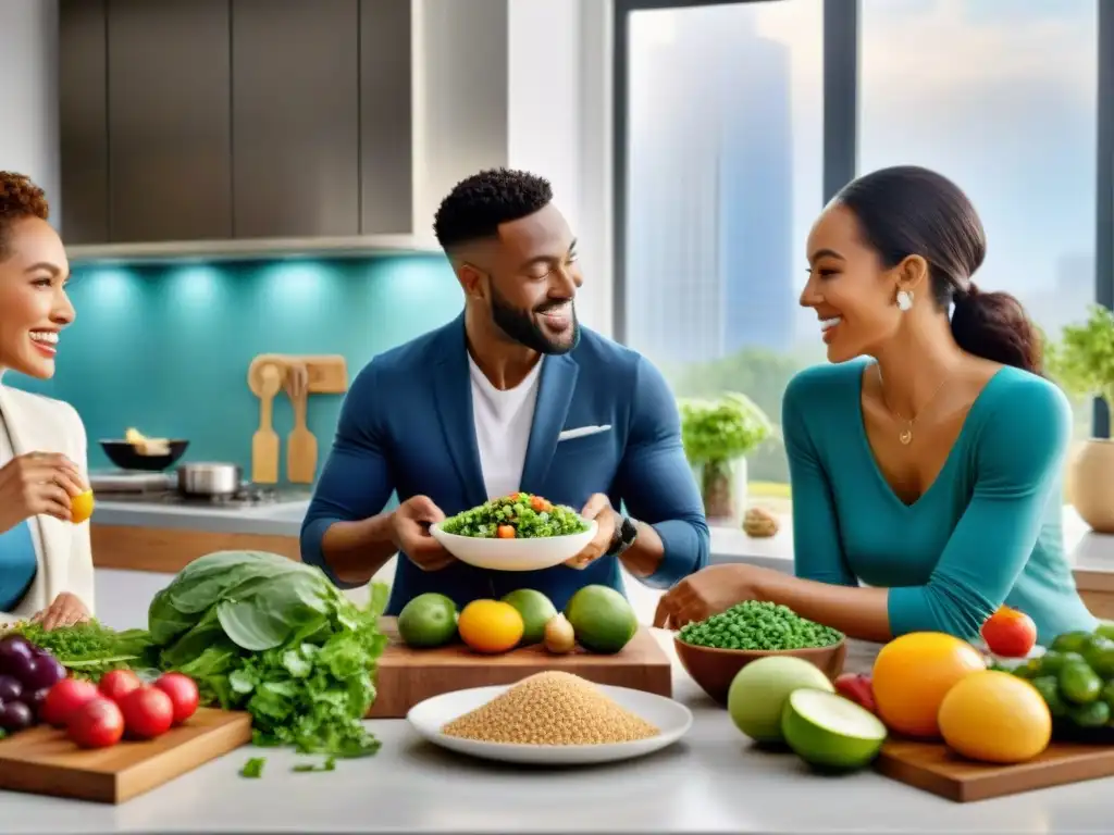 Cocina saludable: Compartiendo alegría y sabor sin gluten Un grupo diverso disfruta preparando y compartiendo comidas saludables sin gluten en una cocina moderna y soleada