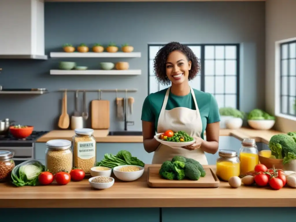 Un grupo diverso prepara comidas saludables sin gluten en una cocina moderna y luminosa con tecnología de planificación de comidas sin gluten