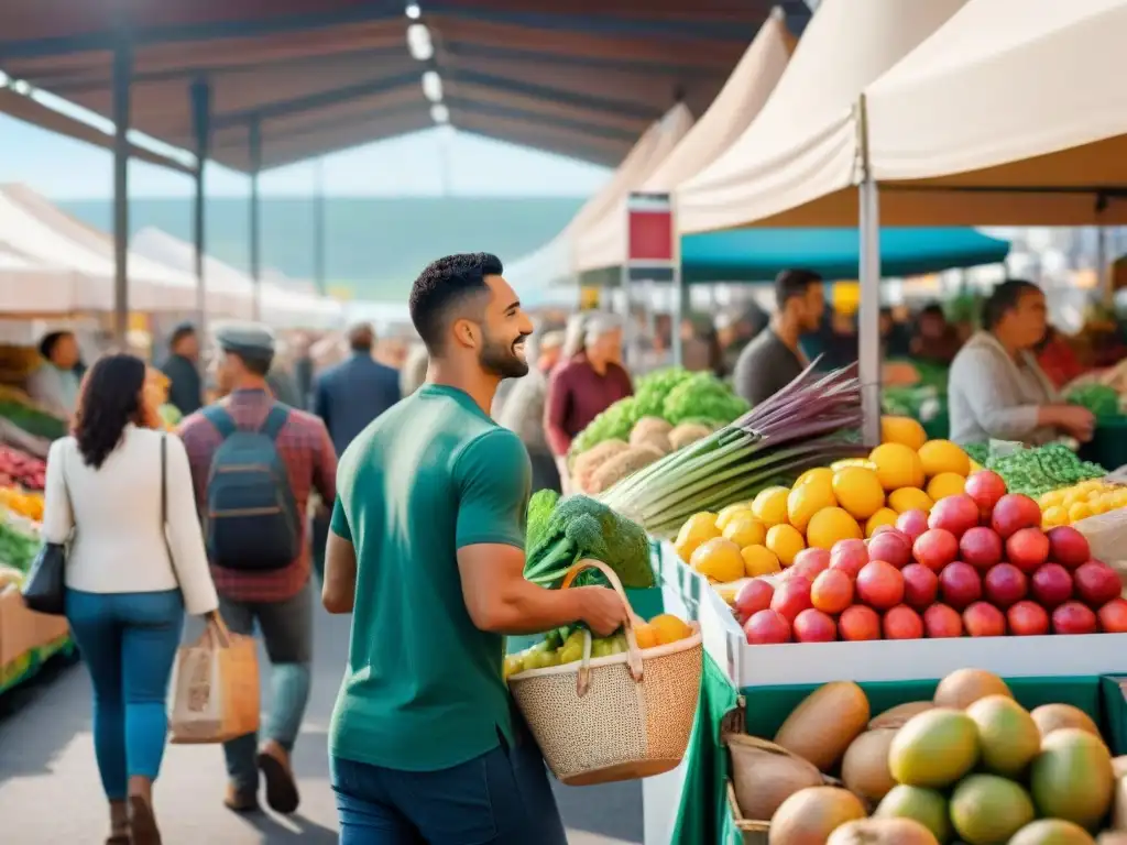 Grupo diverso disfruta compras sin gluten en mercado con frutas, verduras y productos coloridos