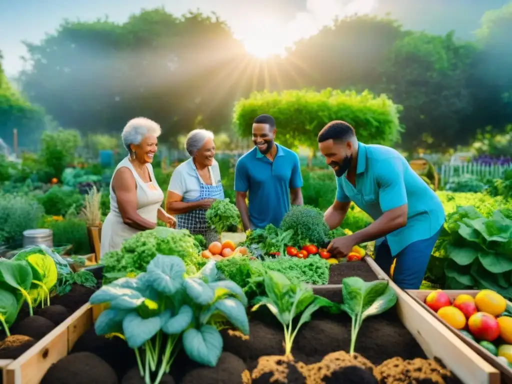 Grupo diverso cuida jardín comunitario con frutas y verduras coloridas, inspirando con recetas sin gluten innovadoras