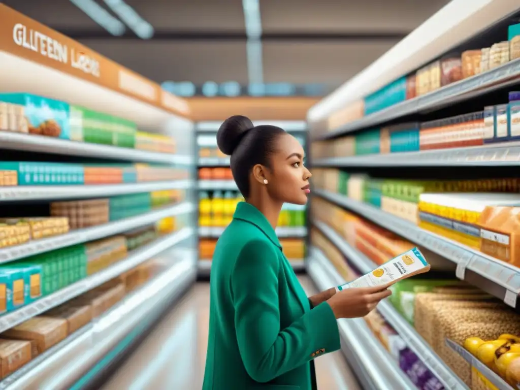 Un grupo diverso y concentrado compara etiquetado alimentos sin gluten en un supermercado moderno y luminoso