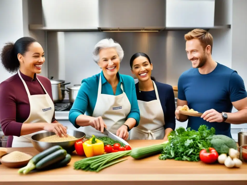 Un grupo diverso disfruta de un curso de cocina sin gluten en una cocina moderna